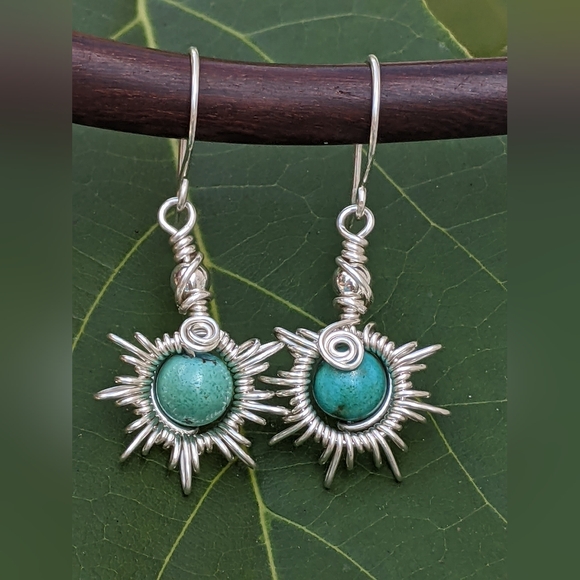 Hand Crafted 925 Sterling Silver Sunburst Earrings Turquoise Gemstone Beads - Picture 12 of 15